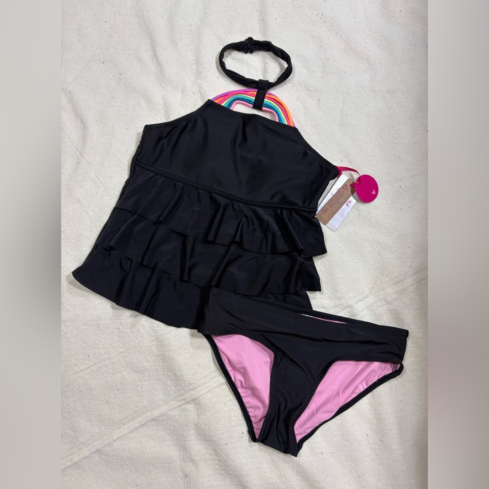 Justice Black Ruffle Tankini with Pink Lined Bottoms and Rainbow Halter